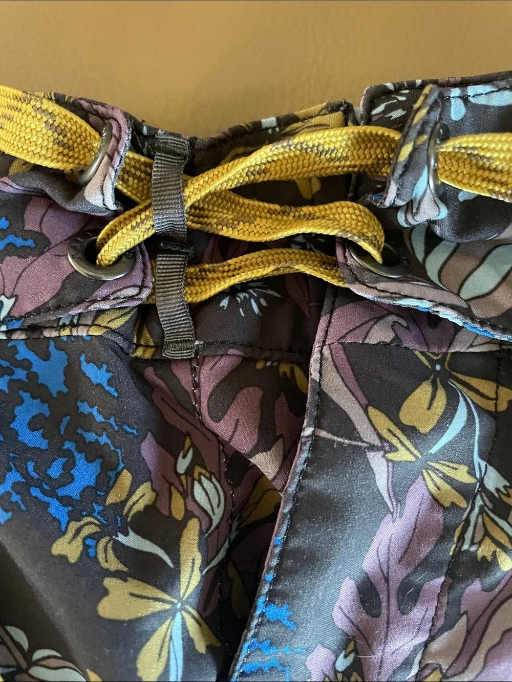 Patagonia Floral Swim Board Shorts in Black, Blue, Purple with Yellow Drawstring